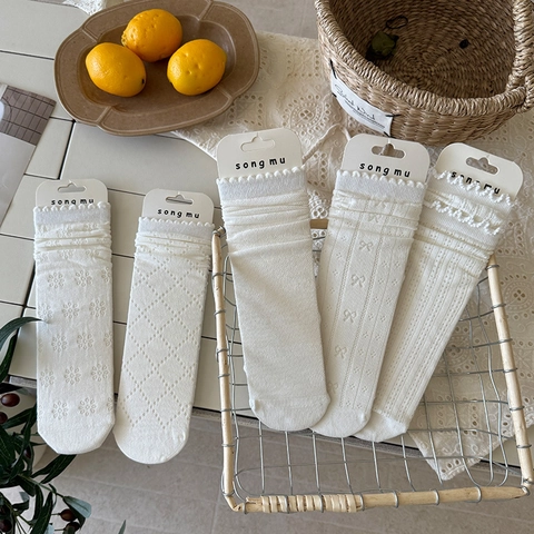 White Mesh Crew Socks Women Cotton Lace Ruffle Slouch Breathable Sweet Vintage Balletcore Flower Bow Knot Pattern