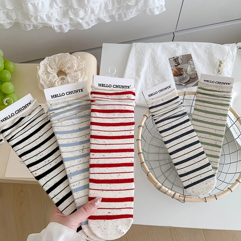 Womens Striped Mid Calf Socks Colorful Nep Yarn Cotton Blend Korean Style Jacquard Breathable Casual