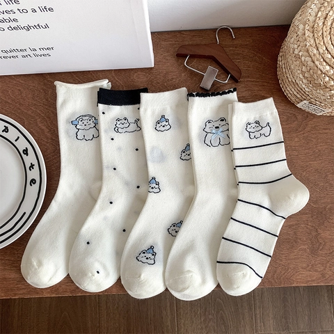 Women Mid Calf Crew Socks Cotton Blend Breathable Thin Mesh Cartoon Puppy Pattern Cute Preppy Japanese Style Girls
