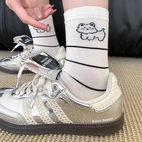 Women Mid Calf Crew Socks Cotton Blend Breathable Thin Mesh Cartoon Puppy Pattern Cute Preppy Japanese Style Girls