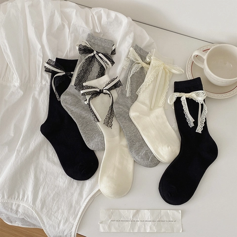 Chaussettes Mi-Mollet Mélange Coton Bordure Dentelle Noeud Ruban Tricot Côtelé Respirant Lolita Style Ballet Doux Femmes