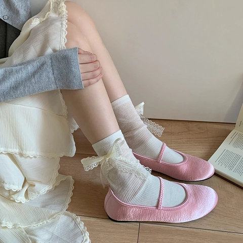 Chaussettes Mi-Mollet Mélange Coton Bordure Dentelle Noeud Ruban Tricot Côtelé Respirant Lolita Style Ballet Doux Femmes