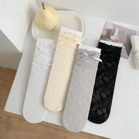 Women Lace Mesh Mid Calf Socks Bowknot Breathable Hollow Out Lolita Ballet Core Style Ruffle Edge Vintage Sweet