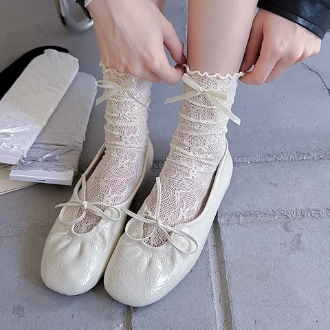 Women Lace Mesh Mid Calf Socks Bowknot Breathable Hollow Out Lolita Ballet Core Style Ruffle Edge Vintage Sweet