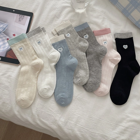 Calze Al Polpaccio Misto Cotone Fiocco A Cuore Ricamato Polsini A Costine Colorati Traspirante Stile Preppy Donna