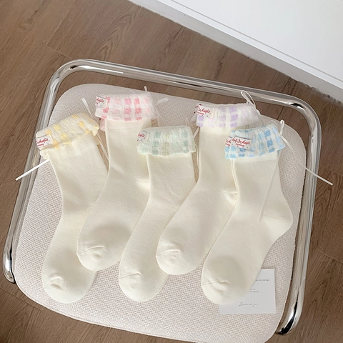 Women Sweet Mid-calf Socks Gingham Plaid Cuff Bow Decor Cotton Ribbed Knit Japanese Style Breathable