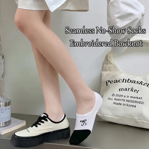 Calzini Invisibili Donna Cotone Pettinato Ricamo Fiocco Taglio Basso Antiscivolo Traspirante Moda Casual