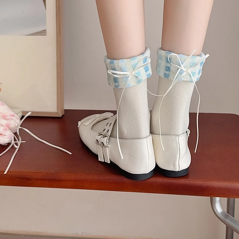 Women Sweet Mid-calf Socks Gingham Plaid Cuff Bow Decor Cotton Ribbed Knit Japanese Style Breathable