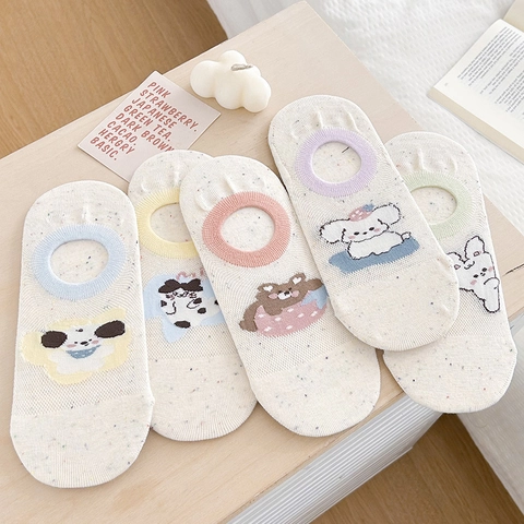 Damen Unsichtbare Socken Baumwollmischung Mesh Atmungsaktiv Rutschfest Niedrig Geschnitten Cartoon Tier Muster Bunt Gesprenkelt