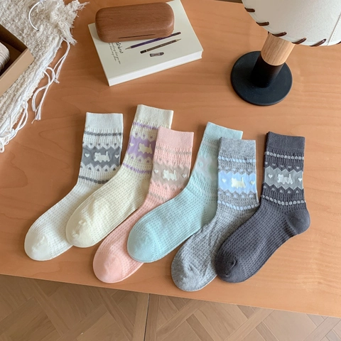 Damen Crew Socken Baumwollmischung Atmungsaktiv Dünn Netz Cartoon Tier Herz Jacquard Lässig Sommer Schweißabsorbierend Süß