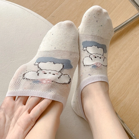 Women No Show Socks Cotton Blend Mesh Breathable Non-Slip Low Cut Cartoon Animal Pattern Colorful Speckled