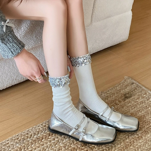 Women Mid-Calf Socks Ribbed Cotton Blend With Sparkling Sequin Cuff Fashionable Lolita Style Elegance