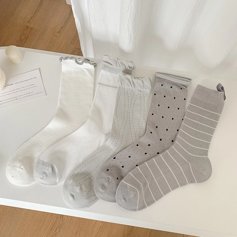 Calze Metà Polpaccio Cotone Donna Pois Strisce Bordi Volant Maglia Traspirante Stile Giapponese Casual