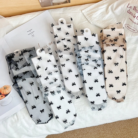 Süße Damen Balletcore Wadenstrümpfe Mit Schleifenmuster Ultradünne Transparente Netzspitze Atmungsaktive Retro Socken