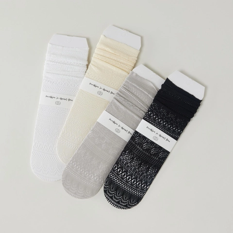 Women Slouch Socks Lace Hollow Out Mesh Breathable Mid Calf Lolita Style Soft Thin Elegant