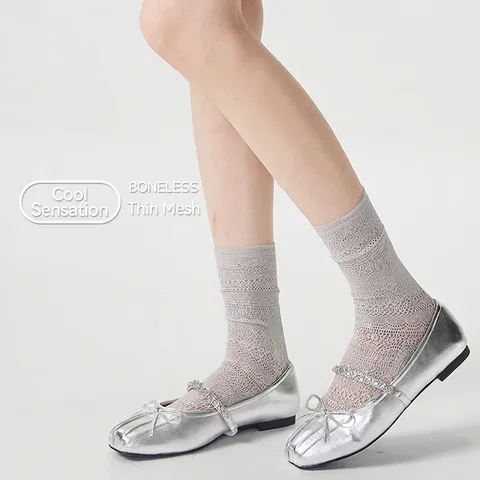 Women Slouch Socks Lace Hollow Out Mesh Breathable Mid Calf Lolita Style Soft Thin Elegant