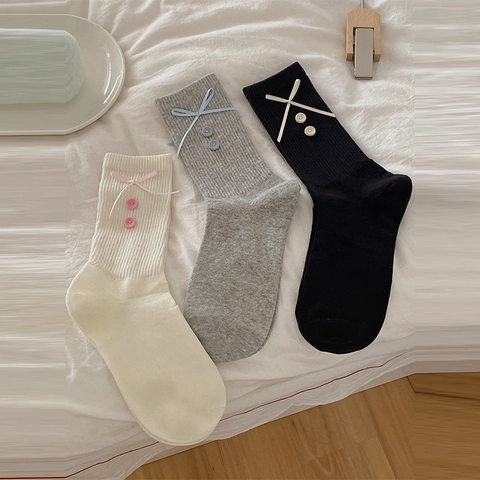 Chaussettes Mi-Mollet Femmes Coton Tricot Côtes Noeud Bouton Décoration Style Japonais Doux Respirant Décontracté