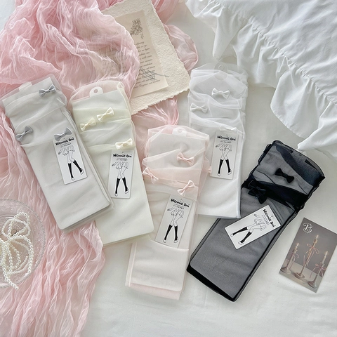 Women Slouch Socks Ultra Thin Mesh Glass Satin Bow Lolita Ballet Style Breathable Mesh Mid Calf Socks