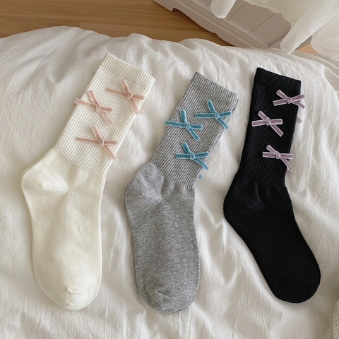 Women Mid-Calf Socks Cotton Blend Ribbed Knit With Velvet Bow Sweet Balletcore Breathable Fashion Slouch