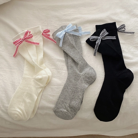 Chaussettes Mi-Mollet Femmes Coton Peigné Tricot Côtelé Noeud Doux Lolita Style Ballet Respirant