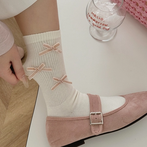 Women Mid-Calf Socks Cotton Blend Ribbed Knit With Velvet Bow Sweet Balletcore Breathable Fashion Slouch