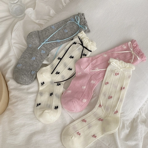 Women's Mid-Calf Socks Ribbon Bow Ruffle Lettuce Edge Floral Pattern Sweet Lolita Cotton Blend Breathable Soft