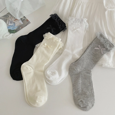 Lolita Mid-Calf Socks Ribbed Cotton Lace Trim Bow Sweet Balletcore Breathable Women