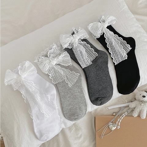 Women Lolita Crew Socks Cotton Lace Bowknot Sweet Japanese Style Solid Color Mid-calf Breathable Hosiery