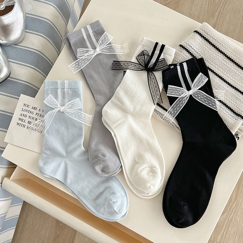Chaussettes Mi-Mollet Pour Femmes En Coton Côte Rayé Dentelle Nœud Balletcore Doux Rétro Style Coréen Respirant