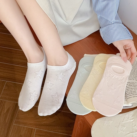 Socquettes Invisibles Femmes Mélange De Coton Maille Respirante Motif Étoiles Coupe Basse Antidérapant Élastique