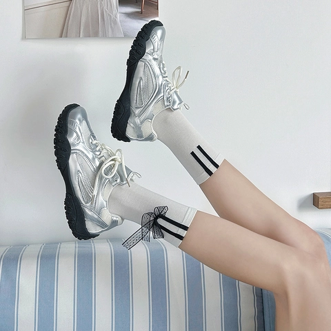 Chaussettes Mi-Mollet Pour Femmes En Coton Côte Rayé Dentelle Nœud Balletcore Doux Rétro Style Coréen Respirant