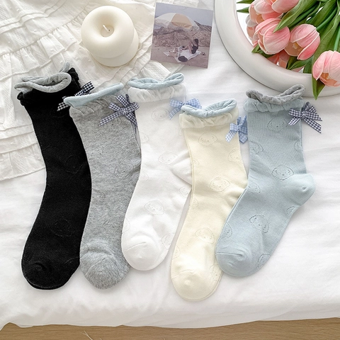 Women Mid-Calf Socks Cotton Blend Ruffled Lace Top Checkered Bow Cartoon Puppy Print Ballet Sweet Style Breathable
