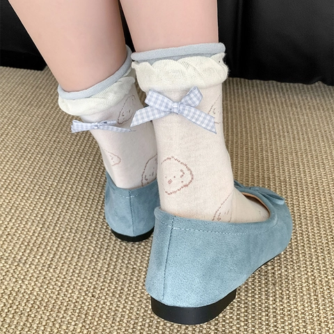 Women Mid-Calf Socks Cotton Blend Ruffled Lace Top Checkered Bow Cartoon Puppy Print Ballet Sweet Style Breathable