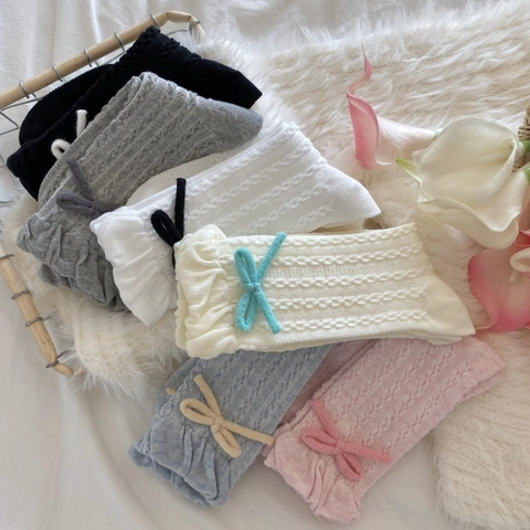 Women Mid Calf Socks Cotton Blend Bow Ruffle Trim Cable Knit Japanese Style Fashionable Girls Casual