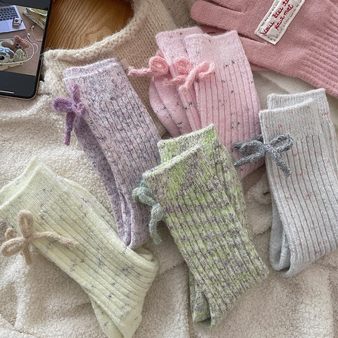 Women Wool Blend Crew Socks Thickened Warm Speckled Slub Yarn Knit Back Bow Korean Style Sweet