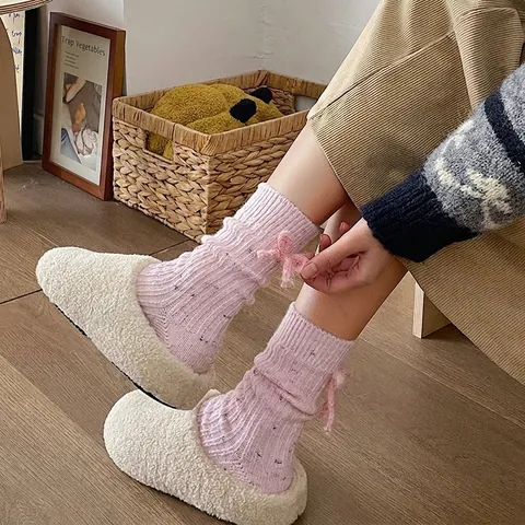 Women Wool Blend Crew Socks Thickened Warm Speckled Slub Yarn Knit Back Bow Korean Style Sweet