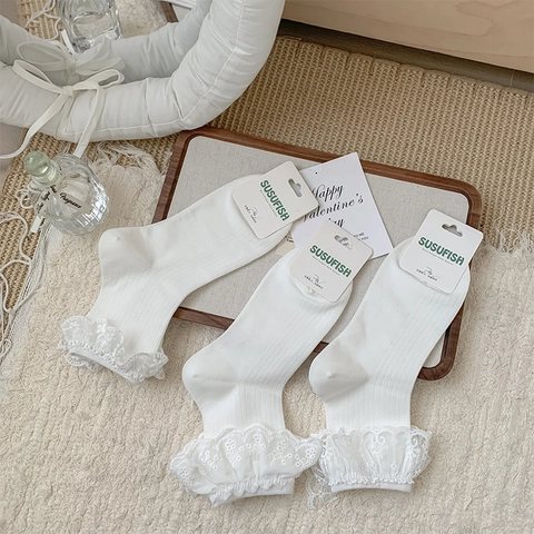 Chaussettes Femmes Mélange De Coton Bordure En Dentelle Côtelé Broderie Florale Respirant Style Lolita