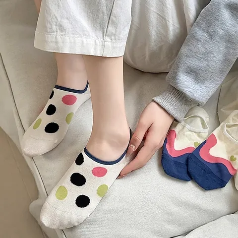 Calzini Invisibili Donna Cotone Pettinato Traspirante Taglio Basso Antiscivolo Pois Fiori Motivi Geometrici Casuale