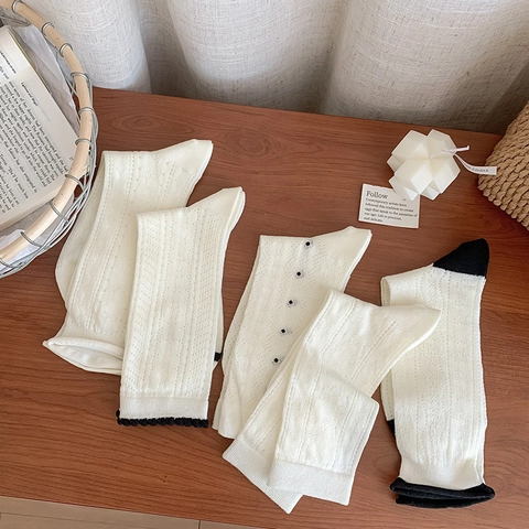 Calzini Donna Metà Polpaccio Misto Cotone Mesh Traspirante Pois Ciliegia Pizzo Stile Giapponese Vintage