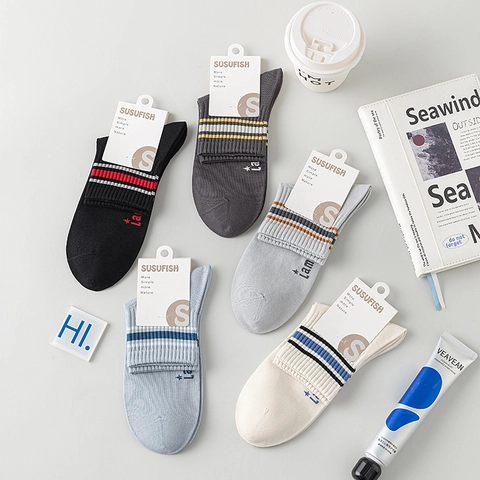 Herren Crew Socken Baumwollmischung Atmungsaktives Mesh Gestreifte Rippbündchen Lässig Sportlich Buchstaben Print Komfortabel
