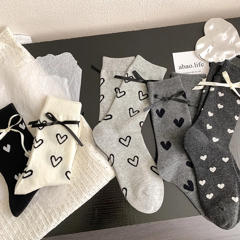 Women Mid Calf Socks Cotton Blend Heart Pattern Bow Ribbon Sweet Korean Style Balletcore Breathable Fashion