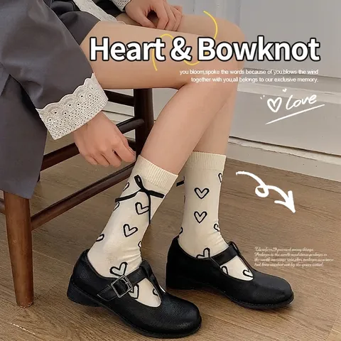 Women Mid Calf Socks Cotton Blend Heart Pattern Bow Ribbon Sweet Korean Style Balletcore Breathable Fashion