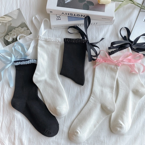 Wadenhohe Socken Baumwollmischung Rüschenkante Satinschleife Lolita Balletcore Süßer Prinzessinnenstil