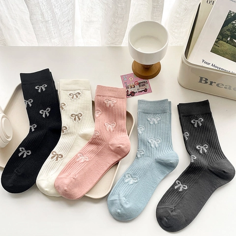Women Combed Cotton Crew Socks With Bowknot Pattern Ribbed Knit Boneless Stitching Korean Style Sweet Cute Fashion