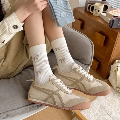 Women Combed Cotton Crew Socks With Bowknot Pattern Ribbed Knit Boneless Stitching Korean Style Sweet Cute Fashion