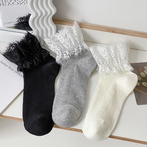 Calcetines Lolita Dulces Para Mujer Ribete Encaje Algodón Punto Canalé Transpirable Color Sólido Verano