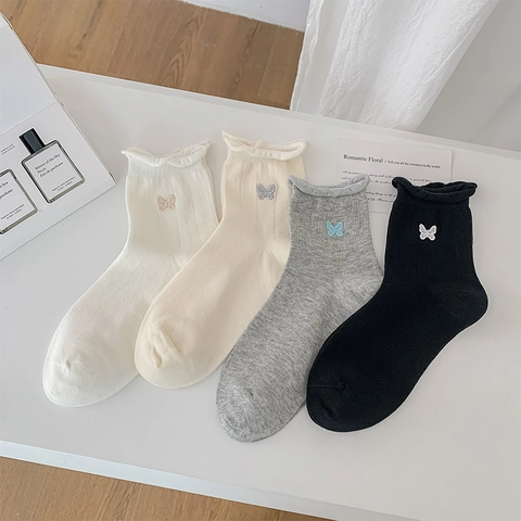 Women Cotton Blend Mid-Calf Socks With Butterfly Embroidery And Ruffled Lettuce Edge Ribbed Thin Sweet Fashion