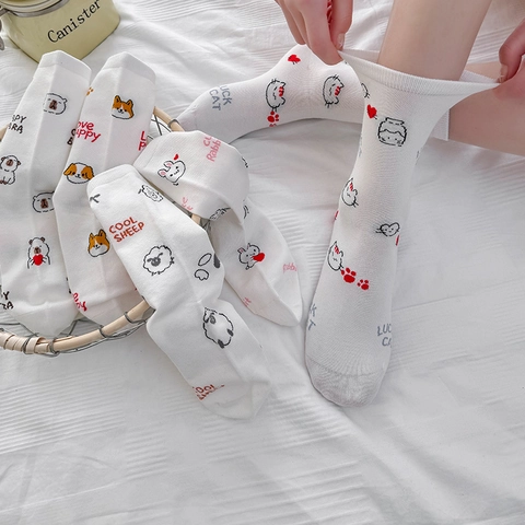 Mid Calf Crew Socks Combed Cotton Cartoon Animal Pattern Korean Fashion Sweet Soft Breathable Hosiery For Women