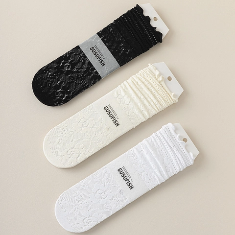 Calcetines De Rejilla Para Mujer Encaje Calado Transpirable Nailon Borde Con Volantes Estilo Lolita Color Sólido Elegancia