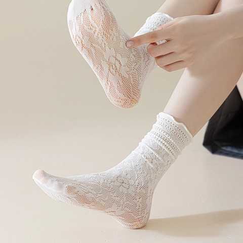 Calcetines De Rejilla Para Mujer Encaje Calado Transpirable Nailon Borde Con Volantes Estilo Lolita Color Sólido Elegancia